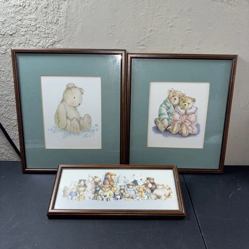 3 Vtg Teddy Bears Cottagecore Nursery Decorations Wood Framed Matted